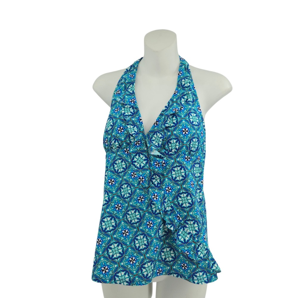 Assets by Sara Blakely Swim Tankini Top Women Large Blue Geometric Halter Ruffle